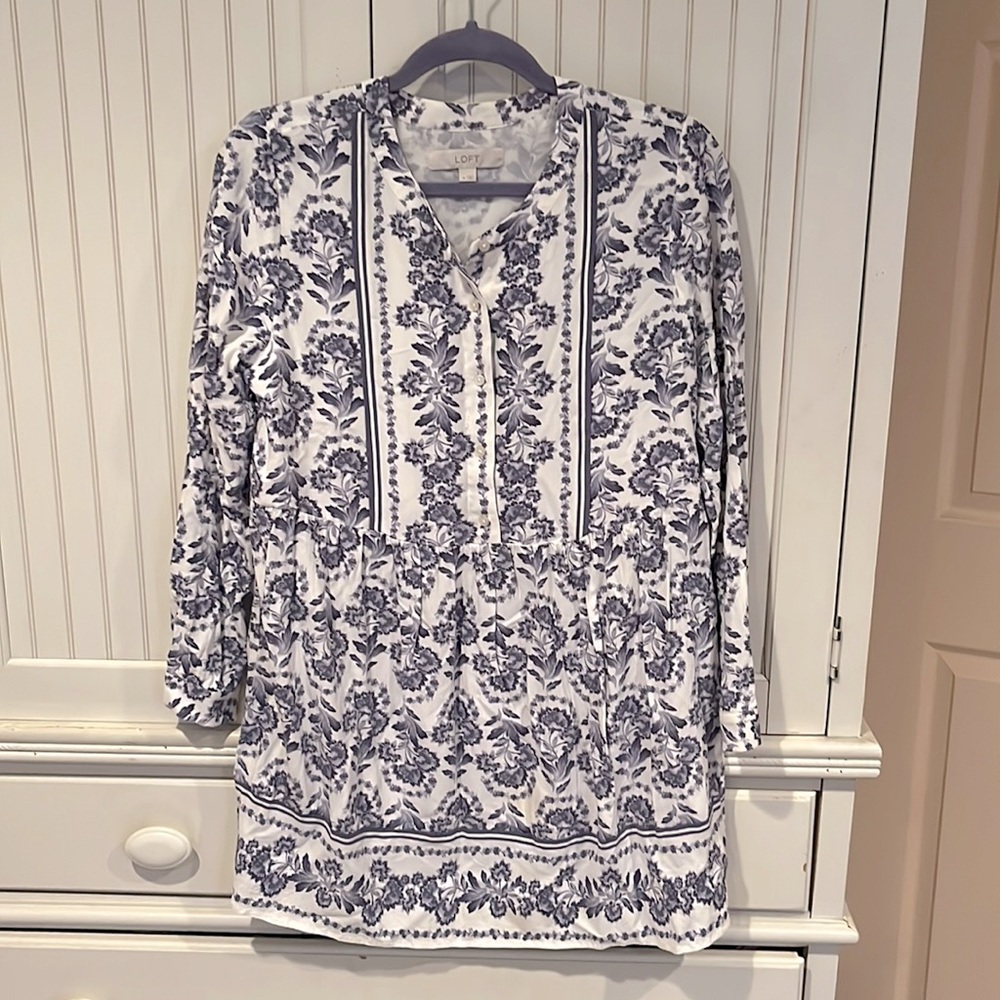 LOFT Tunic Mini Dress with Watercolor Woodblock Florals